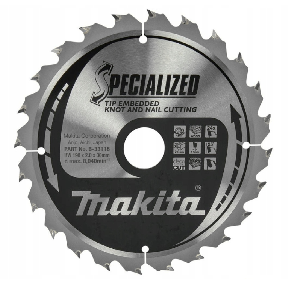 Makita B-33118 - PIŁA TARCZOWA 190x30x24z specjalized drewno (z gwoździami i sękami)